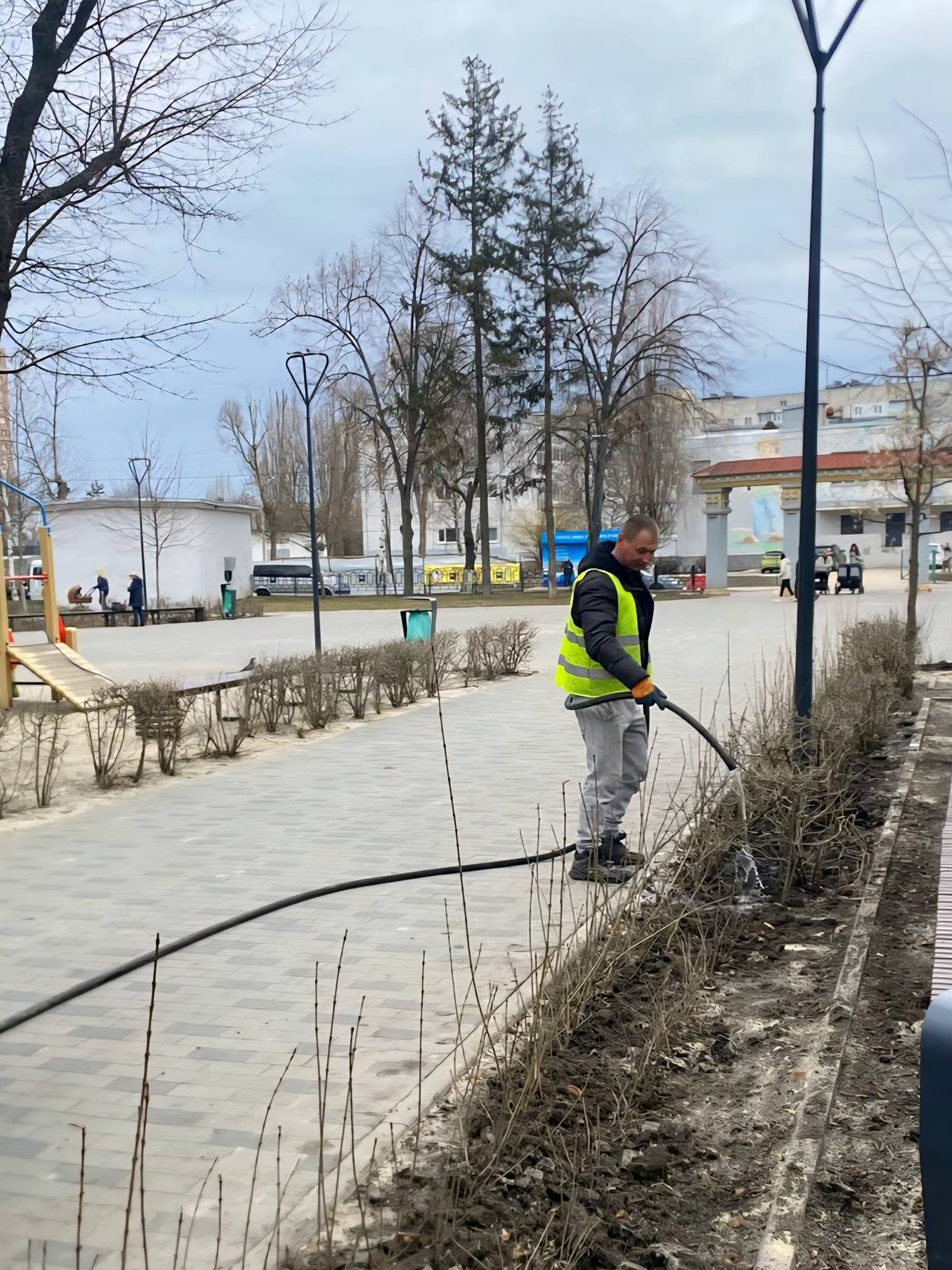 Працівники садять рослини в сквері