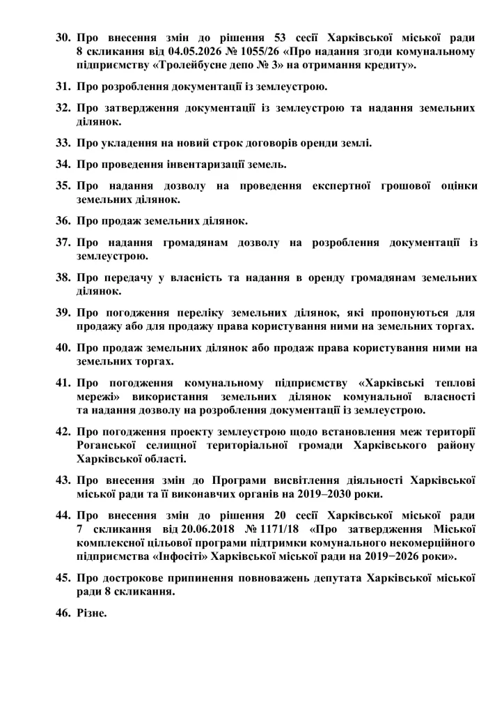 повестка дня на сессию горсовета в Харькове