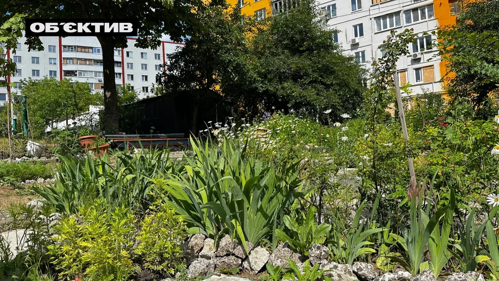 Облаштований садок біля багатоповерхівки з клумбами та деревами